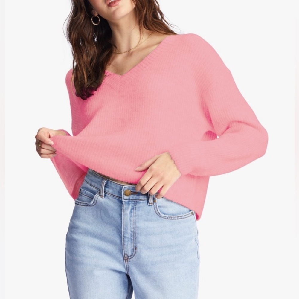 Billabong No Where Else Pink V-Neck Cropped Sweater Size Small